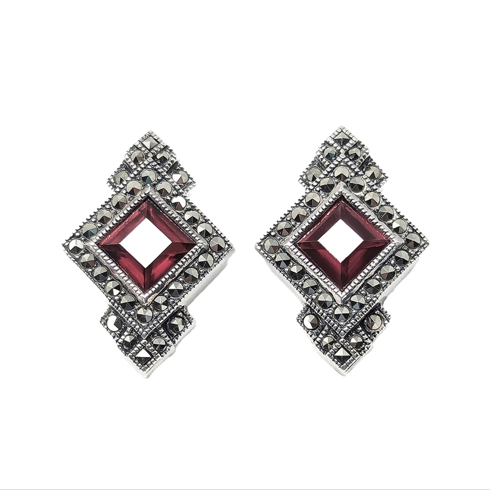 Vintage Judith Jack sterling silver 925 marcasite red garnet clip earrings
